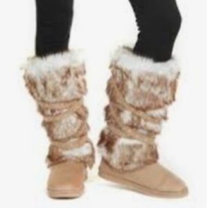 Fur Boots Knee High Strappy Fleece Lined Chunky Eskimo Winter Snow Boots Size 8